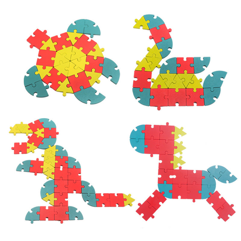 Creative fun puzzle for children's early education with geometric shapes, numbers and letters