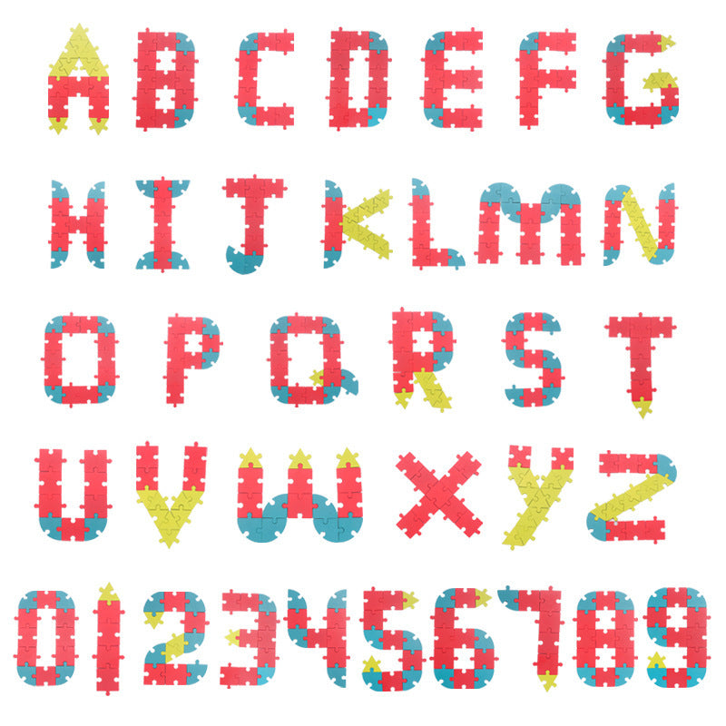 Creative fun puzzle for children's early education with geometric shapes, numbers and letters