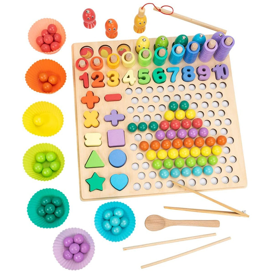 Tablero de madera educativo Montessori (matemáticas, juego de mesa de pesca, coordinación de manos/cerebro) de 3 a 5 años o más