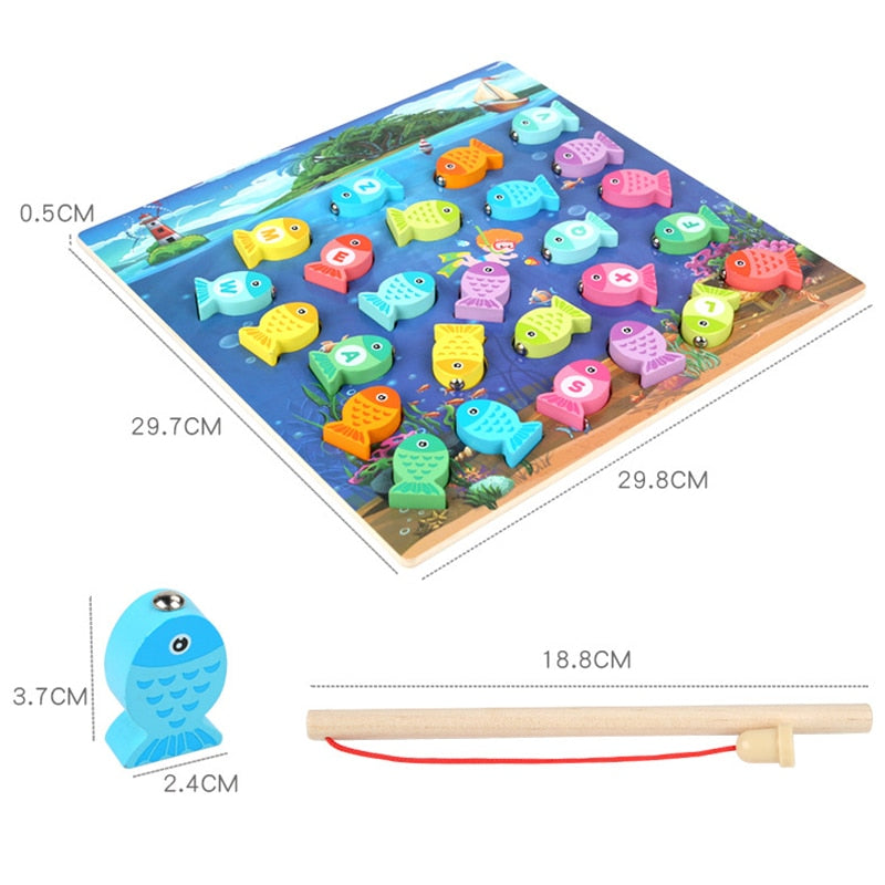 Juguetes educativos de madera Montessori: juego de pesca con números de tablero y alfabeto