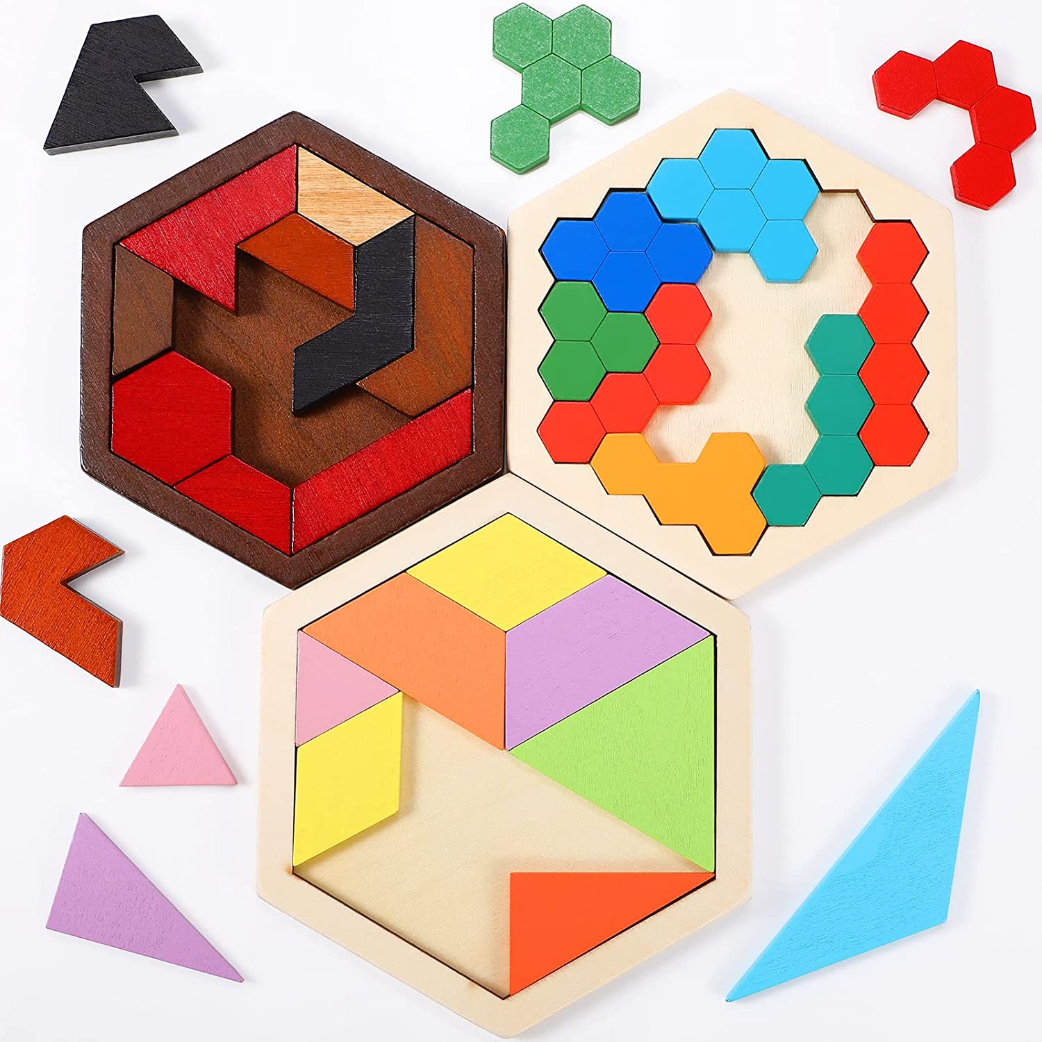 Rompecabezas hexagonal de madera para niños Tangram