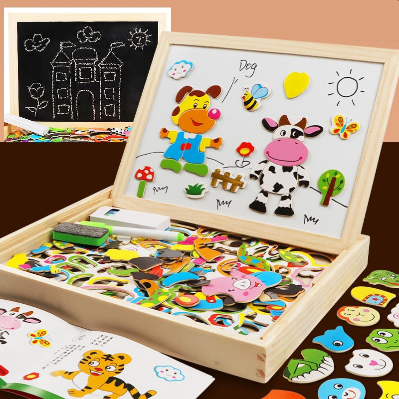 Rompecabezas multifunción de madera para niños con tablero magnético de escritura y dibujo y pizarra