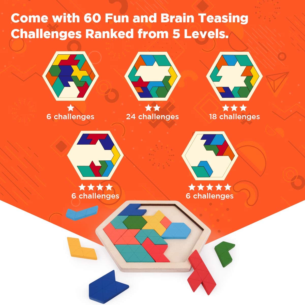 Rompecabezas hexagonal de madera para niños Tangram