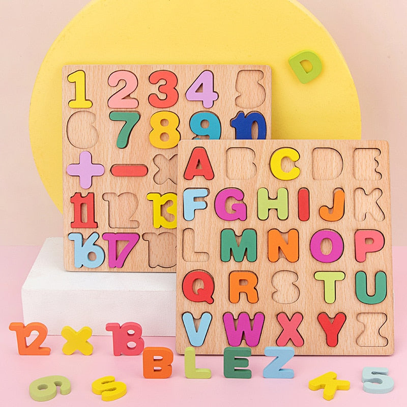 Rompecabezas de madera 3D para niños Montessori con formas de alfabeto y números