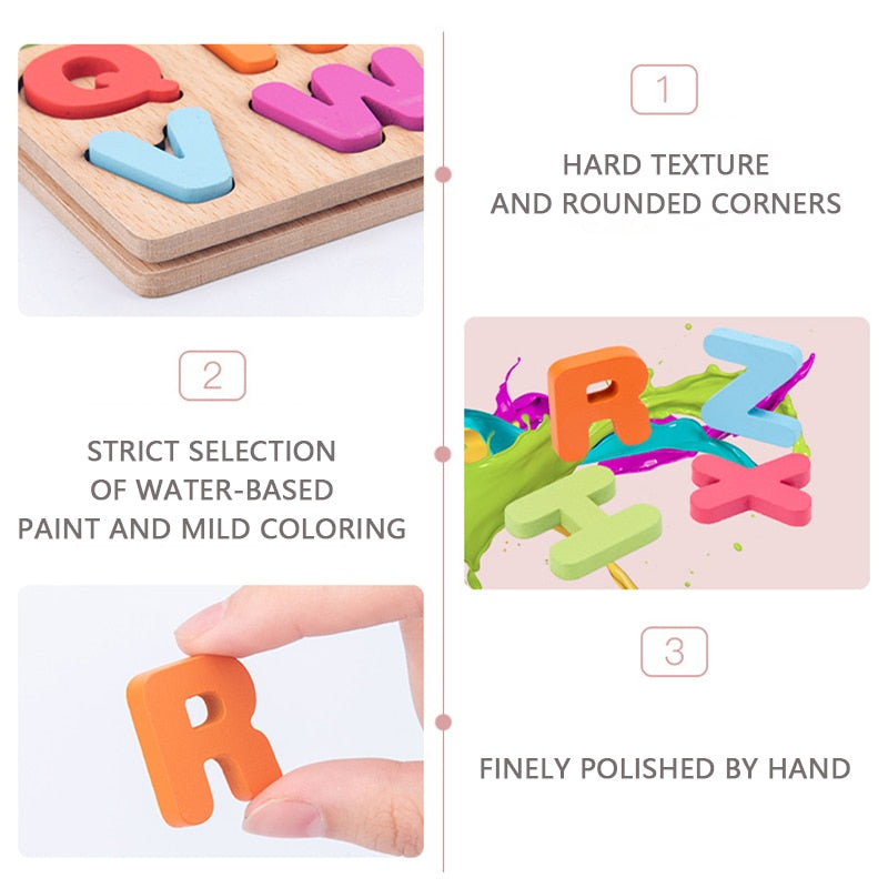 Rompecabezas de madera 3D para niños Montessori con formas de alfabeto y números