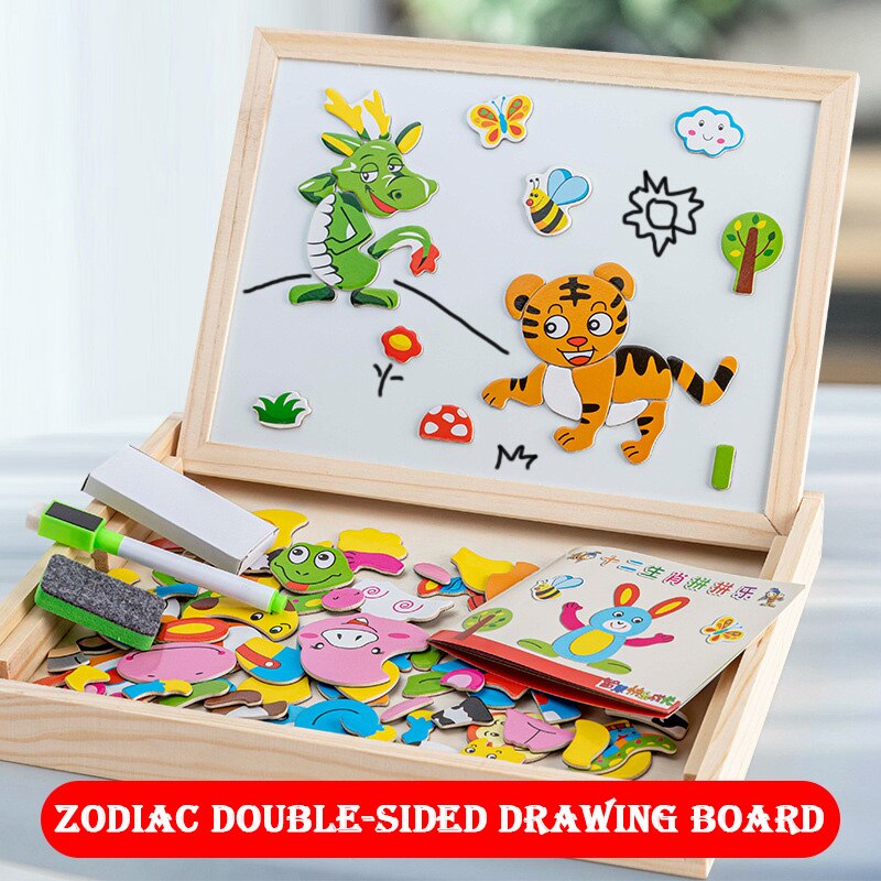 Rompecabezas multifunción de madera para niños con tablero magnético de escritura y dibujo y pizarra