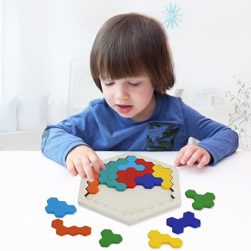 Rompecabezas hexagonal de madera para niños Tangram