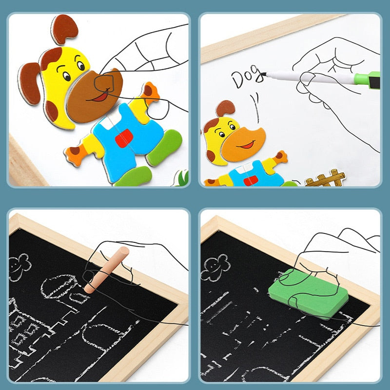 Rompecabezas multifunción de madera para niños con tablero magnético de escritura y dibujo y pizarra
