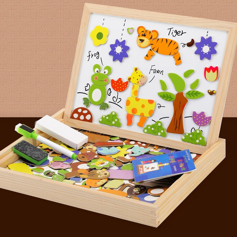 Rompecabezas multifunción de madera para niños con tablero magnético de escritura y dibujo y pizarra