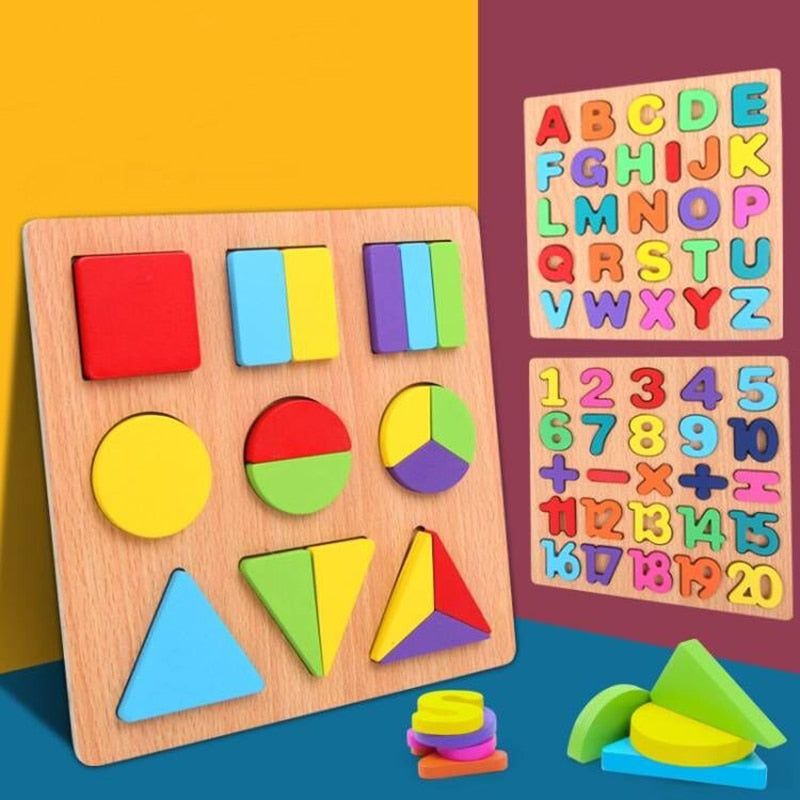 Rompecabezas de madera 3D para niños Montessori con formas de alfabeto y números