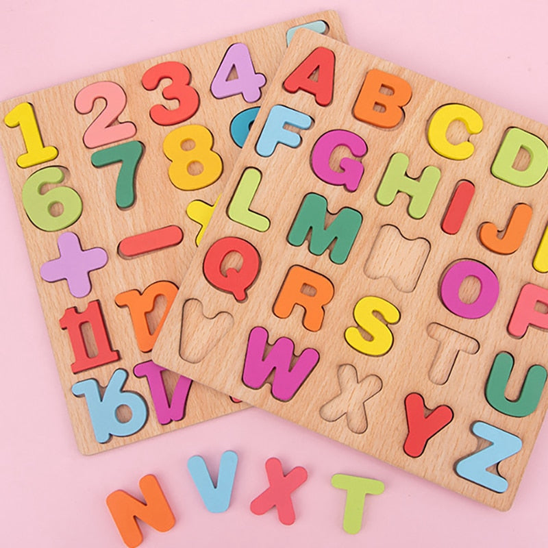 Rompecabezas de madera 3D para niños Montessori con formas de alfabeto y números
